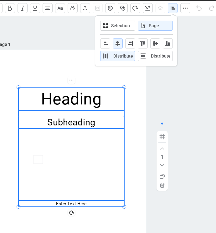 The Align popout with Page active for three selected text elements