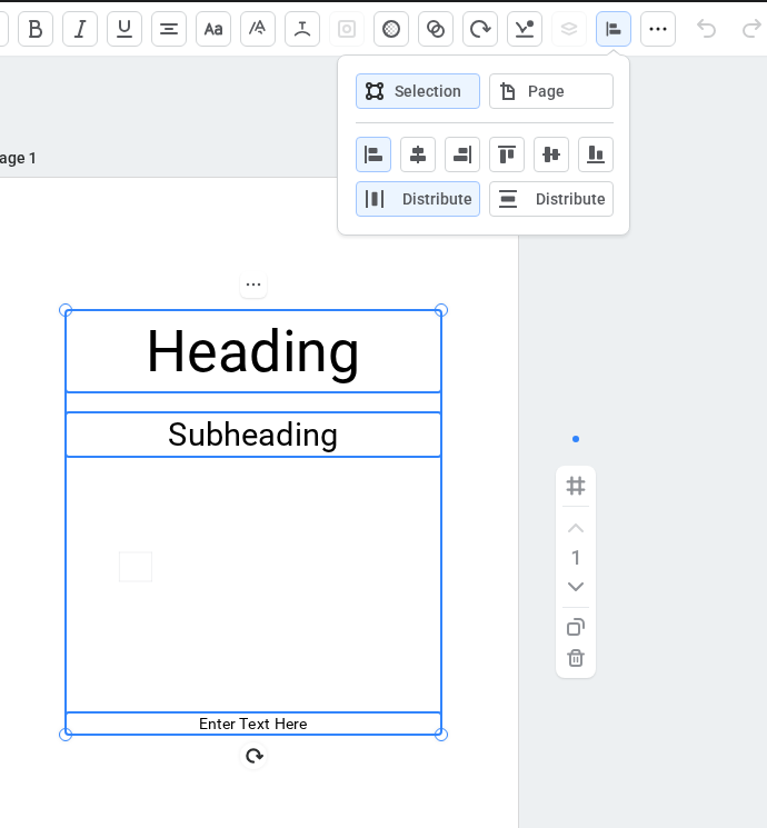 Three selected text elements with the Align popout open and Selection active