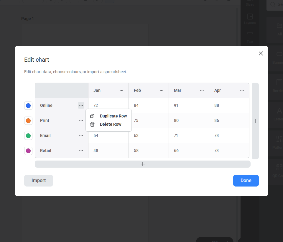 The Edit chart window showing row and column controls for adding, duplicating, or deleting chart data