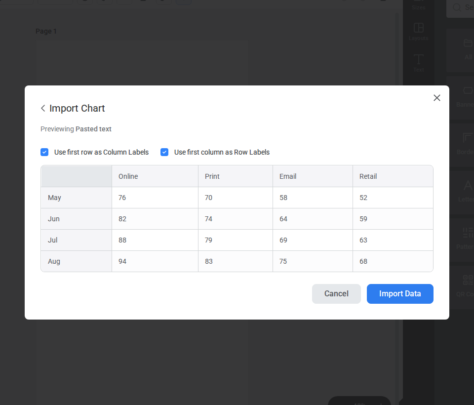 The Import Chart preview showing column and row label options before importing data