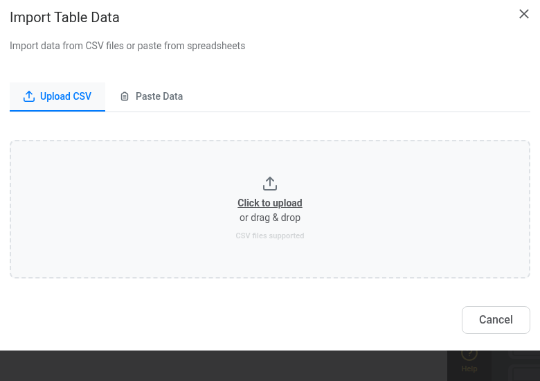 The Import Table Data modal with options to upload a CSV or paste spreadsheet data